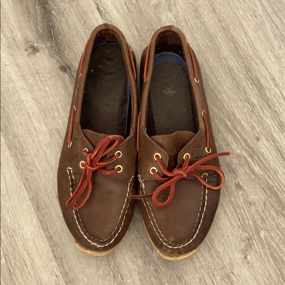 Dark Brown Sperries with Red Laces Size 8.5